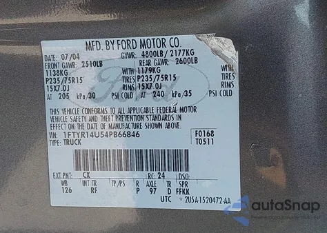 2004 Ford Ranger Super Cab z USA, uszkodzony, nr VIN 1FTYR14U54PB66846